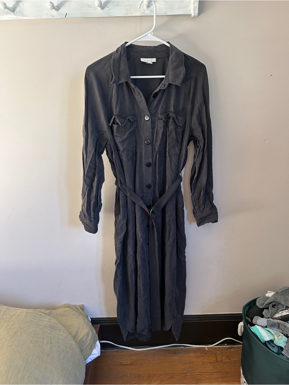 Washed Charcoal Black Button-Front Shirt Dress with Tie Belt